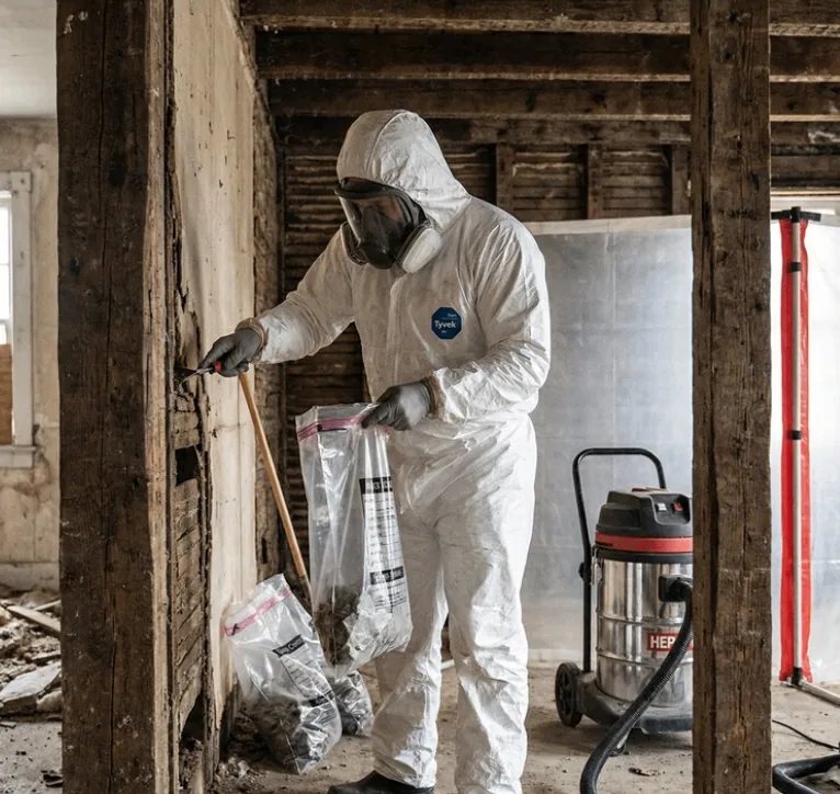 Ouvrier en combinaison blanche effectuant le désamiantage de l'isolation du grenier