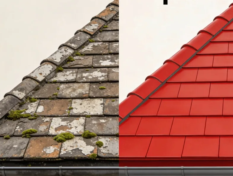 Toiture après peinture - tuiles rouges brillantes