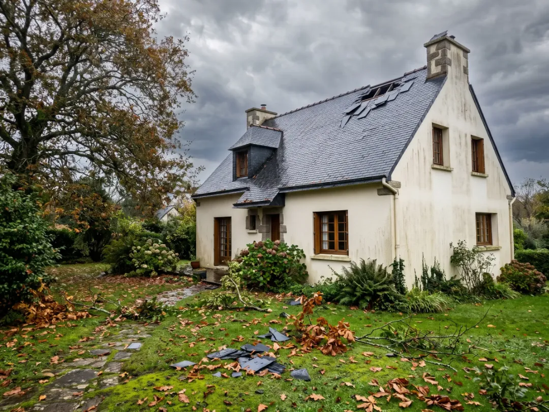 Toit en ardoise après une tempête, avec quelques ardoises manquantes et des morceaux tombés dans le jardin (illustration)